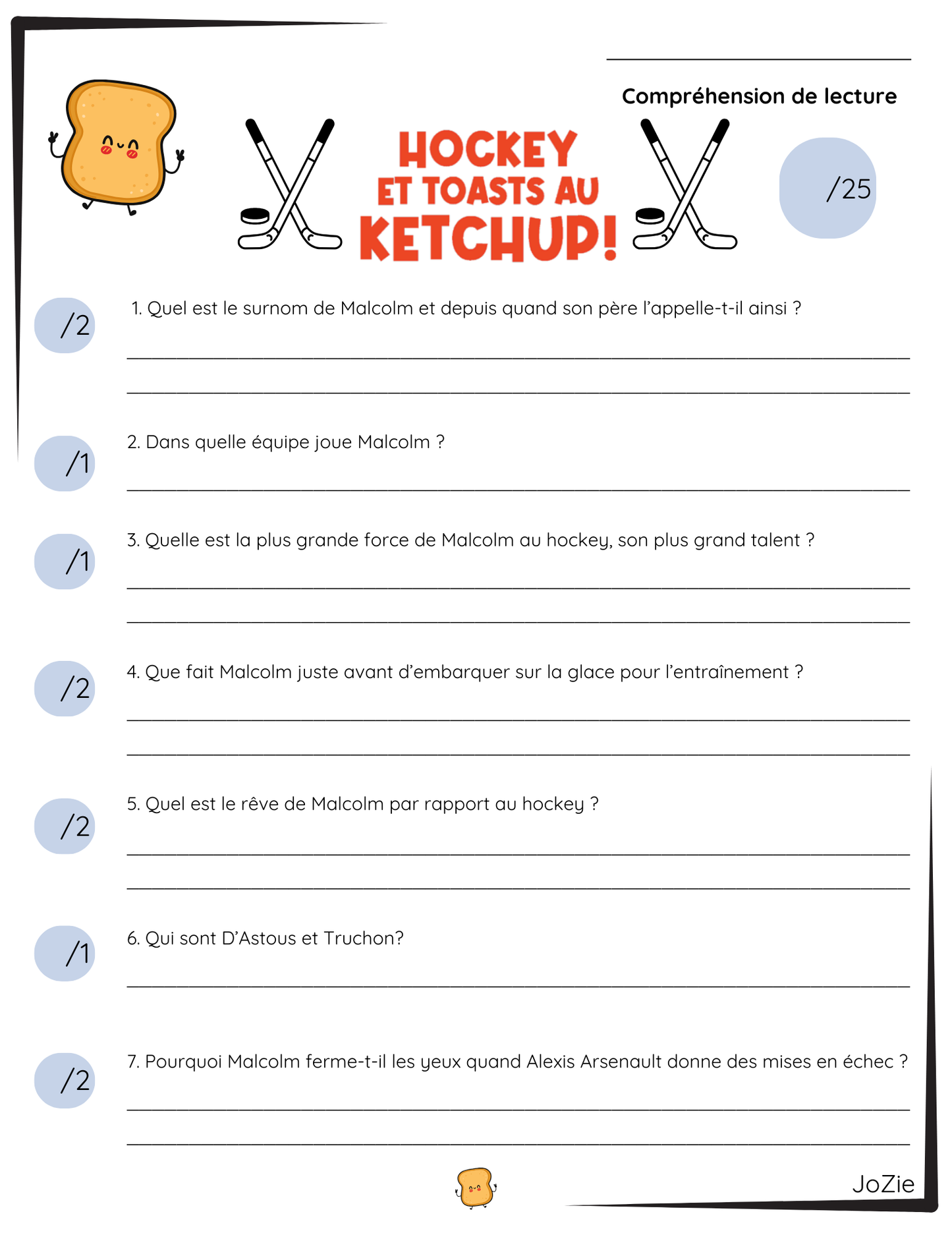 Hockey et toasts au ketchup - Compréhension de lecture