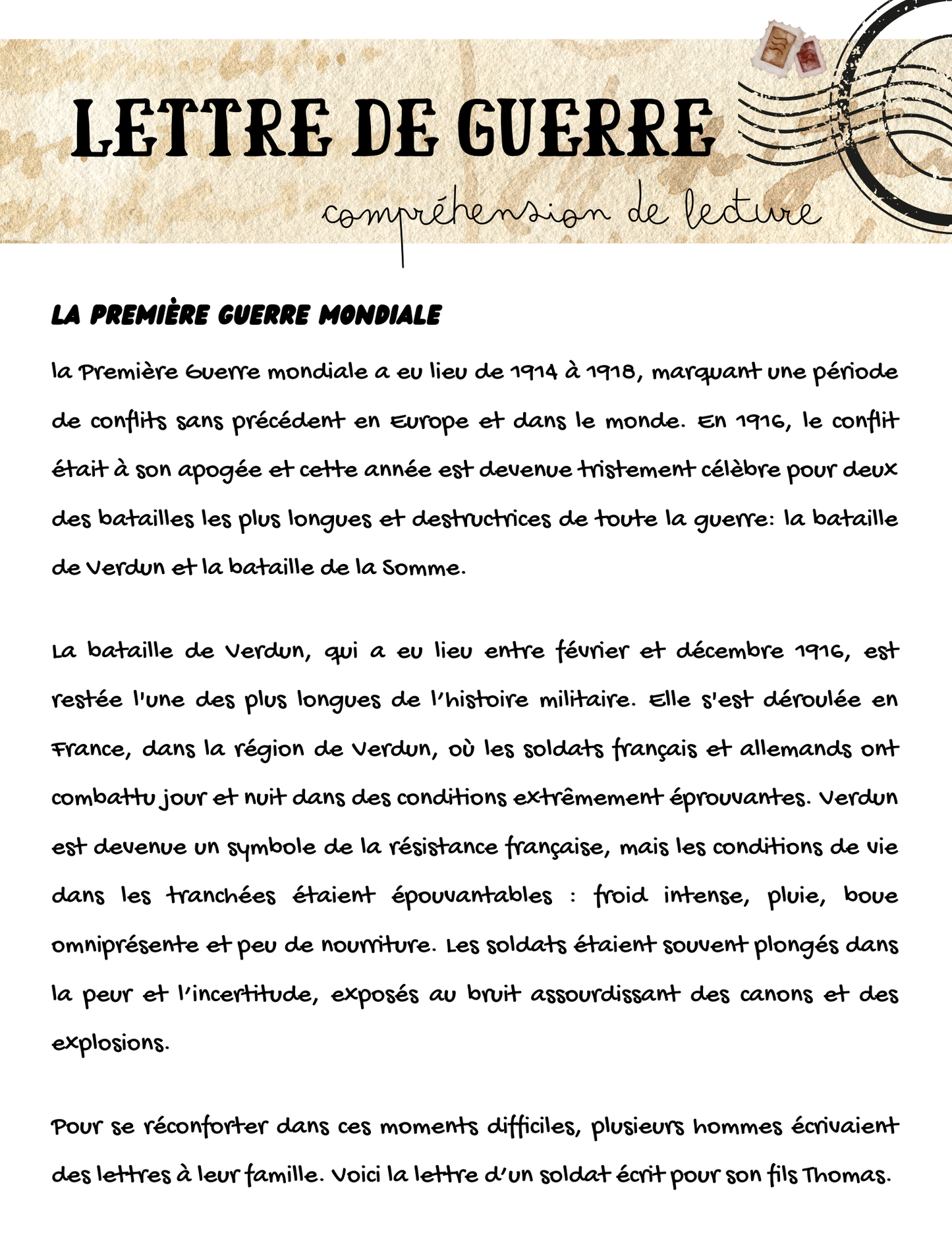 Lettre de guerre - compréhension de lecture
